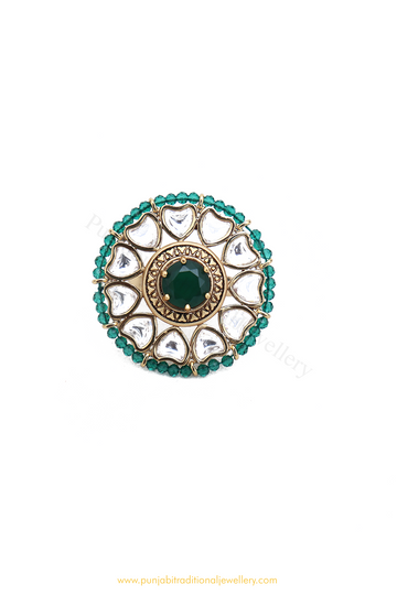 Gold Finished Emerald Kundan Ring By PTJ